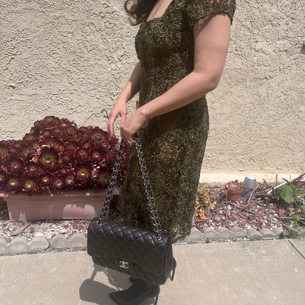 CHETTA B GREEN AND GOLD EMBROIDERED LACE OVERLAY DRESS SIZE 8